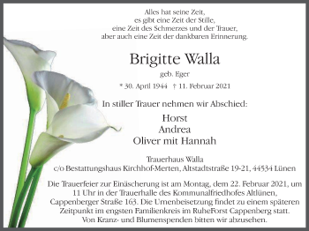 Traueranzeige von Brigitte Walla von WVW Anzeigenblätter