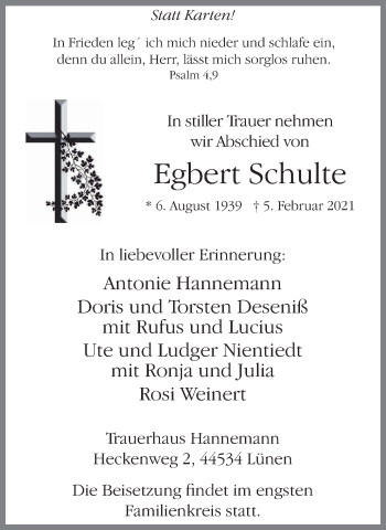 Traueranzeige von Egbert Schulte von WVW Anzeigenblätter