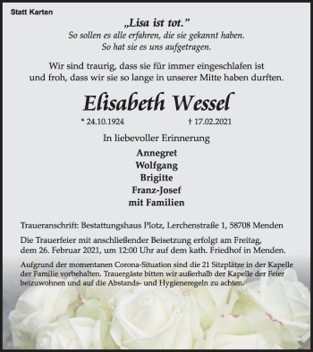 Traueranzeige von Elisabeth Wessel von WVW Anzeigenblätter