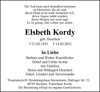 Traueranzeige von Elsbeth Kordy von WVW Anzeigenblätter