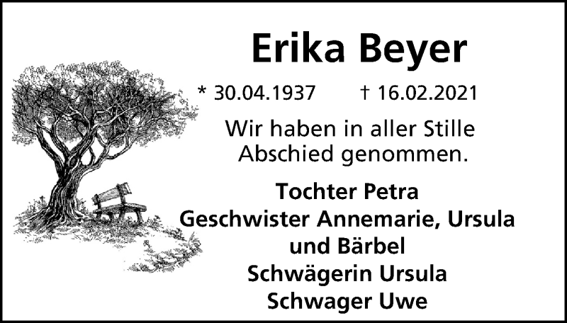  Traueranzeige für Erika Beyer vom 27.02.2021 aus WVW Anzeigenblätter