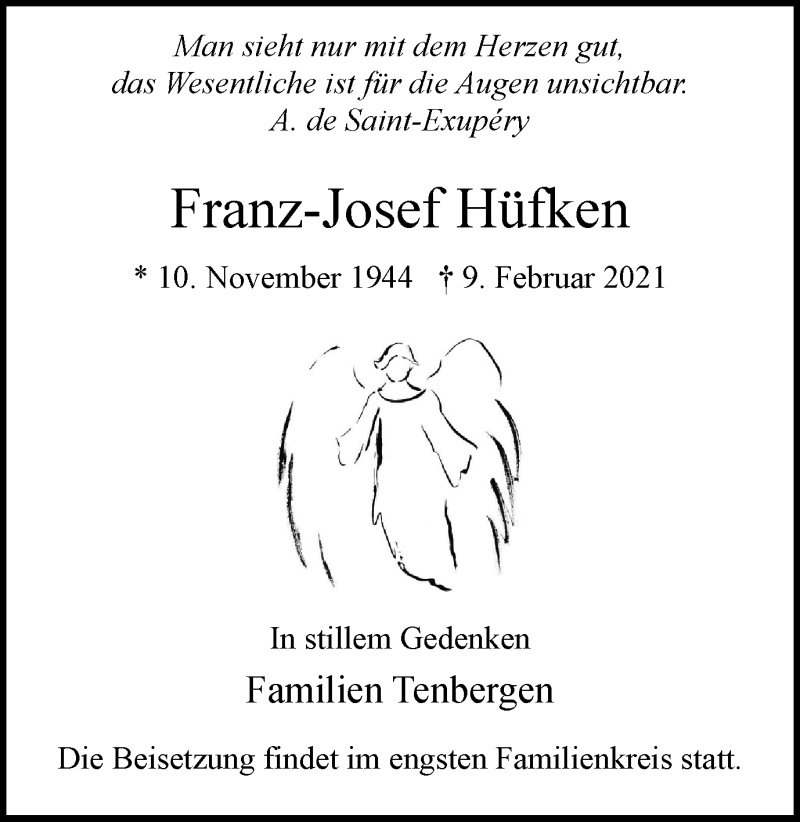  Traueranzeige für Franz-Josef Hüfken vom 17.02.2021 aus WVW Anzeigenblätter