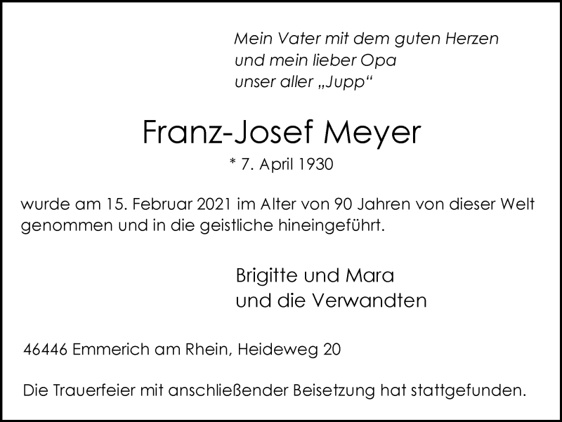  Traueranzeige für Franz-Josef Meyer vom 27.02.2021 aus WVW Anzeigenblätter