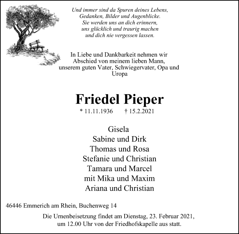  Traueranzeige für Friedel Pieper vom 20.02.2021 aus WVW Anzeigenblätter