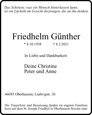 Traueranzeige von Friedhelm Günther von WVW Anzeigenblätter
