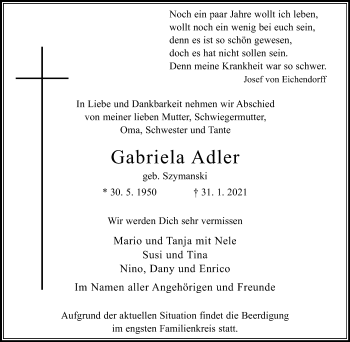 Traueranzeige von Gabriela Adler von WVW Anzeigenblätter