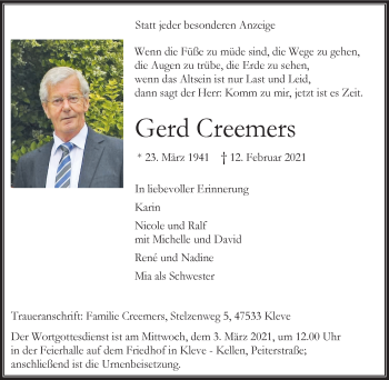 Traueranzeige von Gerd Creemers von WVW Anzeigenblätter