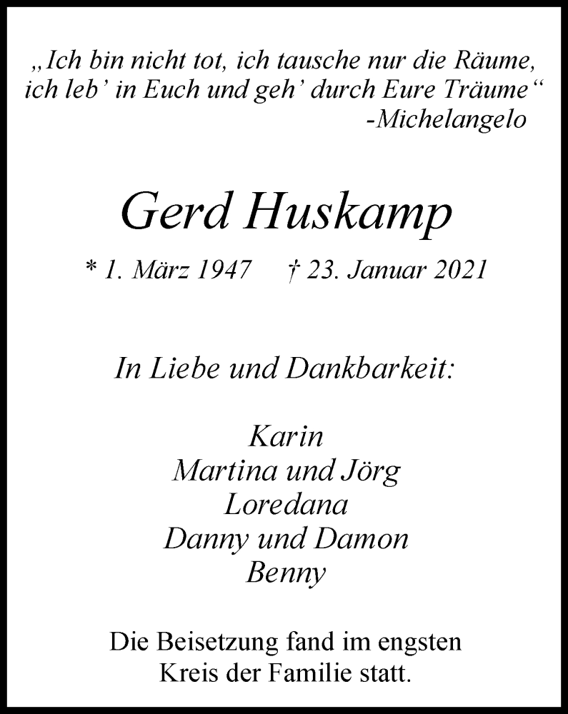  Traueranzeige für Gerd Huskamp vom 27.02.2021 aus WVW Anzeigenblätter
