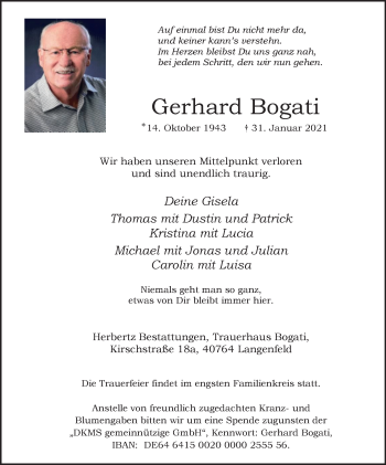Traueranzeige von Gerhard Bogati von WVW Anzeigenblätter