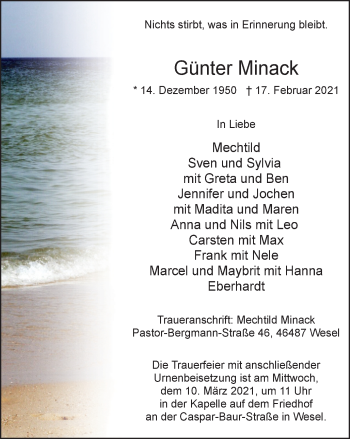 Traueranzeige von Günter Minack von WVW Anzeigenblätter
