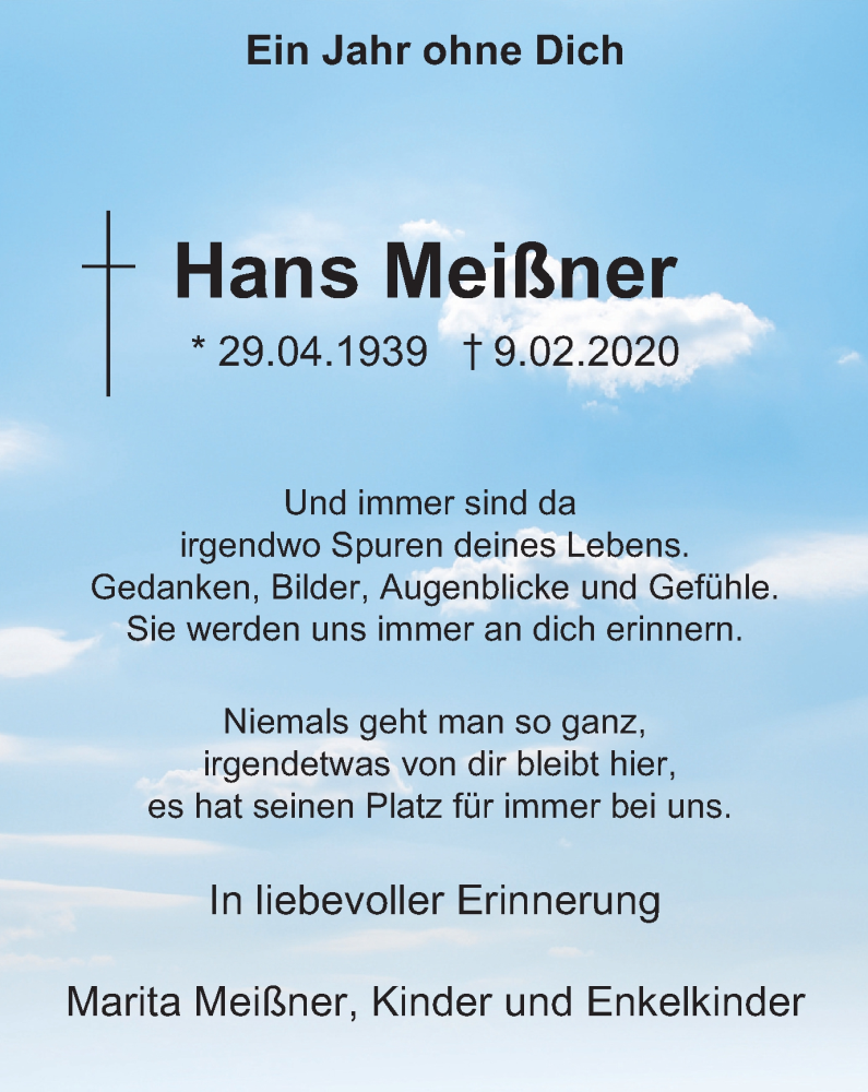  Traueranzeige für Hans Meißner vom 10.02.2021 aus WVW Anzeigenblätter
