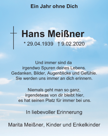 Traueranzeige von Hans Meißner von WVW Anzeigenblätter