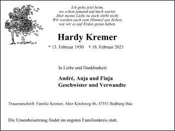 Traueranzeige von Hardy Kremer von WVW Anzeigenblätter