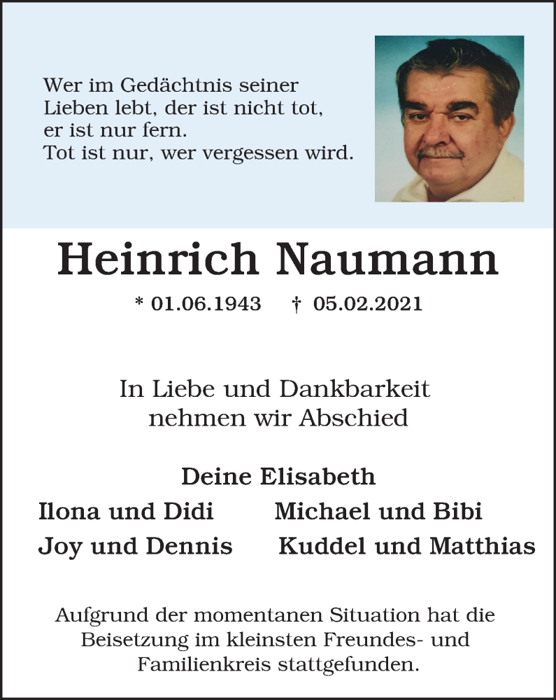  Traueranzeige für Heinrich Naumann vom 27.02.2021 aus WVW Anzeigenblätter