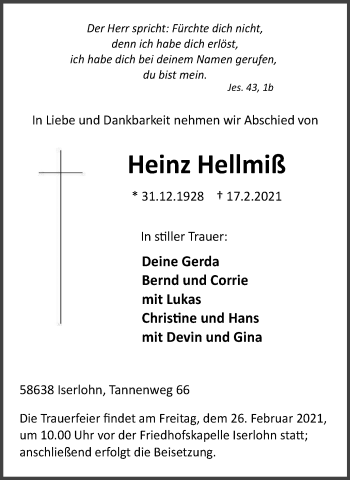 Traueranzeige von Heinz Hellmiß von WVW Anzeigenblätter