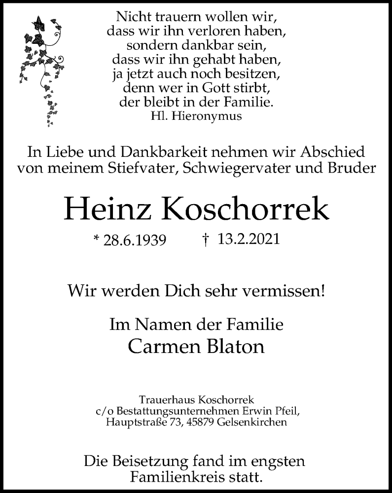  Traueranzeige für Heinz Koschorrek vom 27.02.2021 aus WVW Anzeigenblätter
