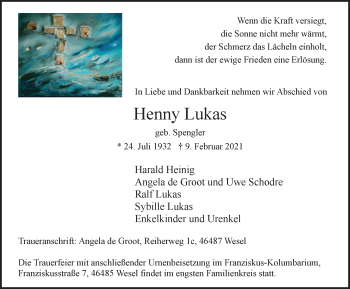 Traueranzeige von Henny Lukas von WVW Anzeigenblätter