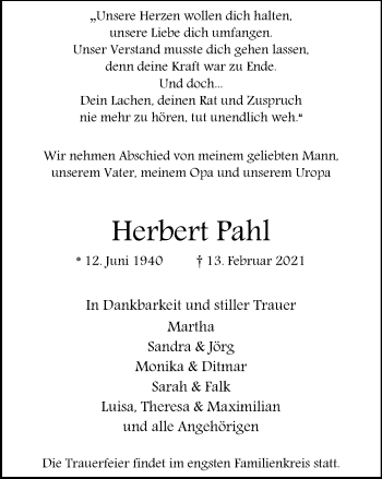 Traueranzeige von Herbert Pahl von WVW Anzeigenblätter