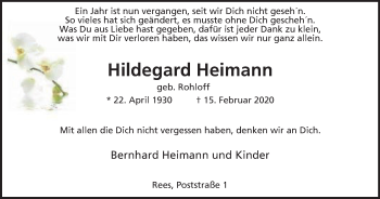 Traueranzeige von Hildegard Heimann von WVW Anzeigenblätter