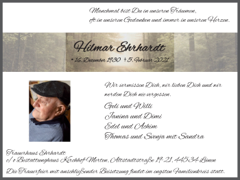 Traueranzeige von Hilmar Ehrhardt von WVW Anzeigenblätter