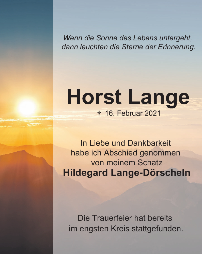  Traueranzeige für Horst Lange vom 27.02.2021 aus WVW Anzeigenblätter