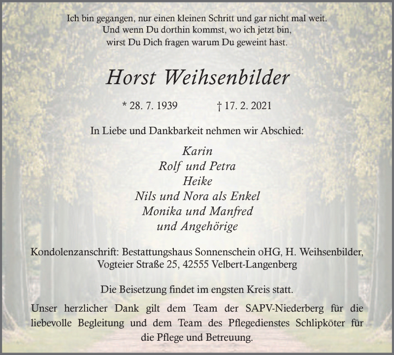  Traueranzeige für Horst Weihsenbilder vom 24.02.2021 aus WVW Anzeigenblätter