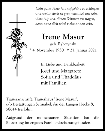 Traueranzeige von Irene Masur von WVW Anzeigenblätter