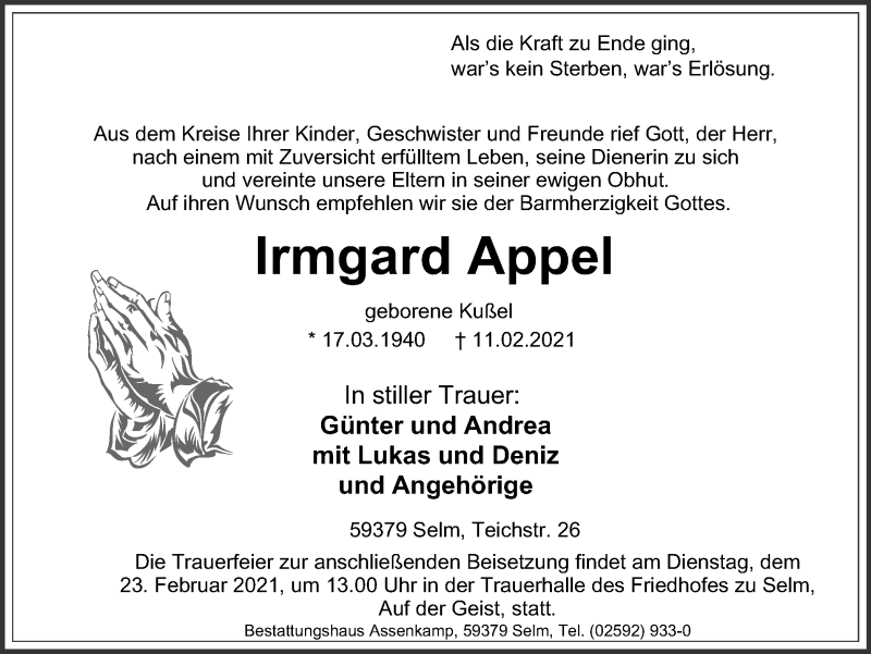  Traueranzeige für Irmgard Appel vom 17.02.2021 aus WVW Anzeigenblätter