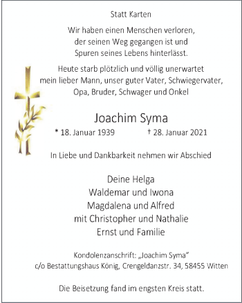 Traueranzeige von Joachim Syma von WVW Anzeigenblätter