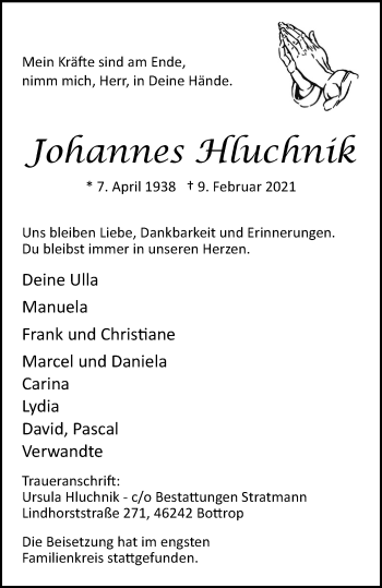Traueranzeige von Johannes Hluchnik von WVW Anzeigenblätter