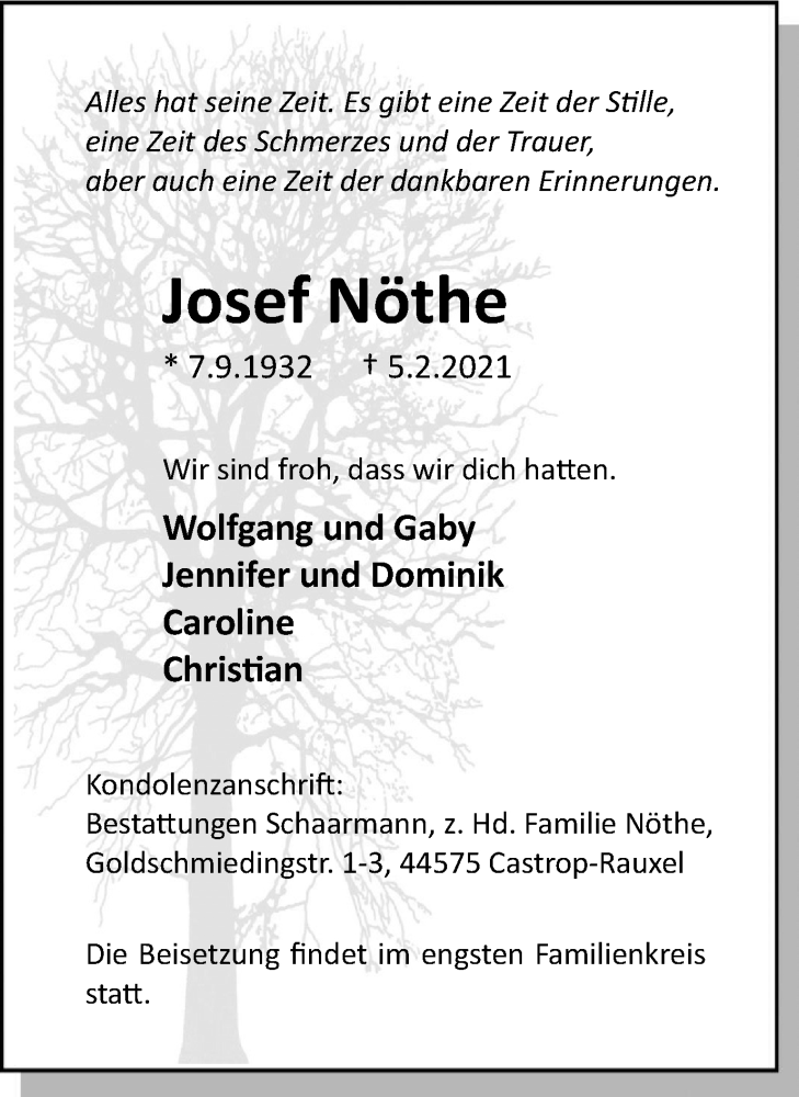  Traueranzeige für Josef Nöthe vom 13.02.2021 aus WVW Anzeigenblätter