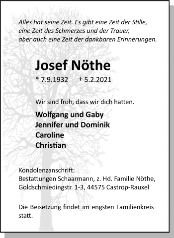 Traueranzeige von Josef Nöthe von WVW Anzeigenblätter