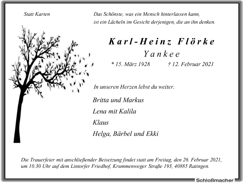  Traueranzeige für Karl-Heinz Flörke vom 18.02.2021 aus WVW Anzeigenblätter