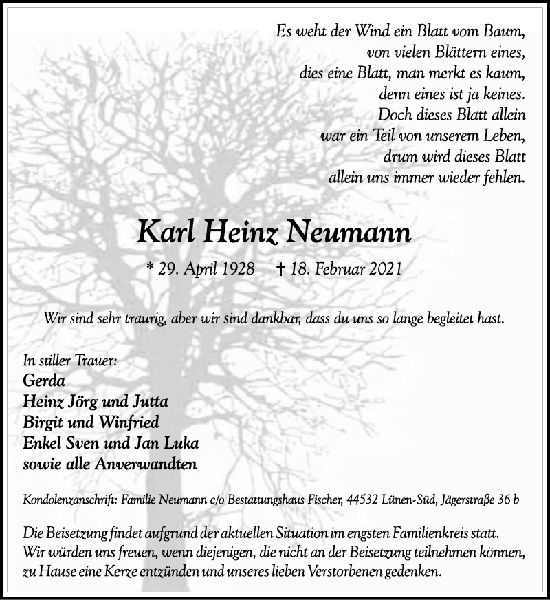  Traueranzeige für Karl Heinz Neumann vom 24.02.2021 aus WVW Anzeigenblätter