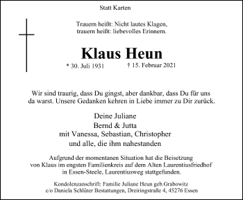 Traueranzeige von Klaus Heun von WVW Anzeigenblätter