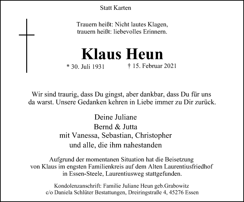  Traueranzeige für Klaus Heun vom 27.02.2021 aus WVW Anzeigenblätter