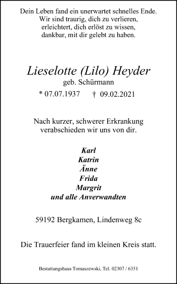 Traueranzeige von Lieselotte Heyder von WVW Anzeigenblätter