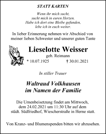 Traueranzeige von Lieselotte Weisser von WVW Anzeigenblätter