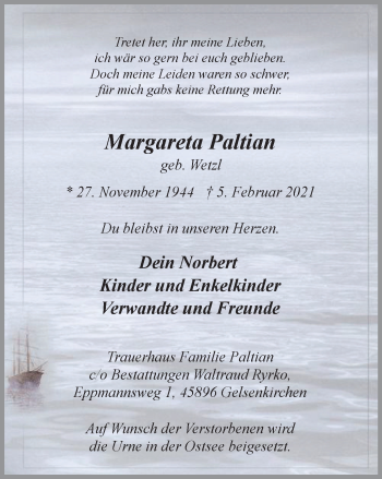 Traueranzeige von Margareta Paltian von WVW Anzeigenblätter