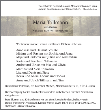 Traueranzeige von Maria Trillmann von WVW Anzeigenblätter