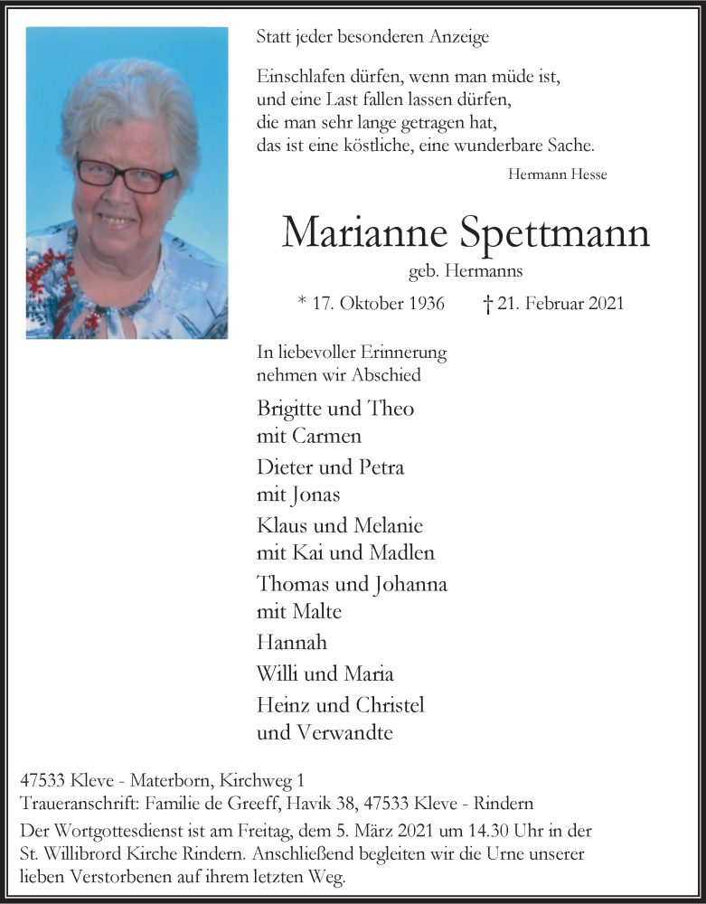  Traueranzeige für Marianne Spettmann vom 27.02.2021 aus WVW Anzeigenblätter