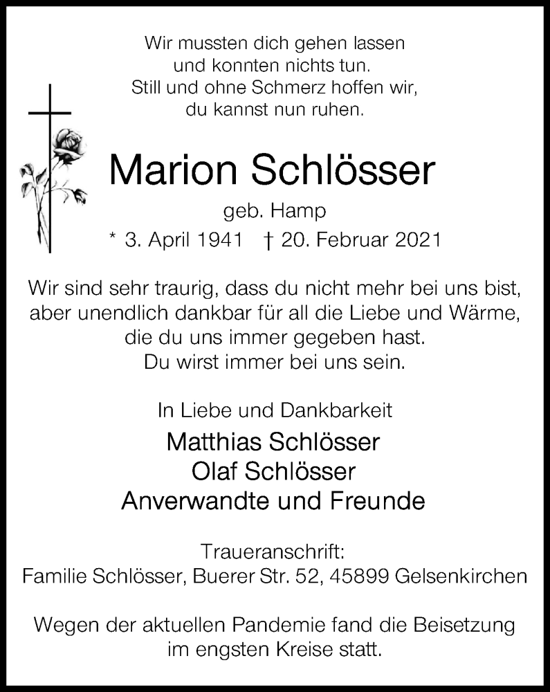  Traueranzeige für Marion Schlösser vom 27.02.2021 aus WVW Anzeigenblätter