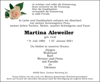 Traueranzeige von Martina Aleweiler von WVW Anzeigenblätter