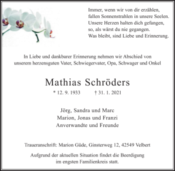 Traueranzeige von Mathias Schröders von WVW Anzeigenblätter
