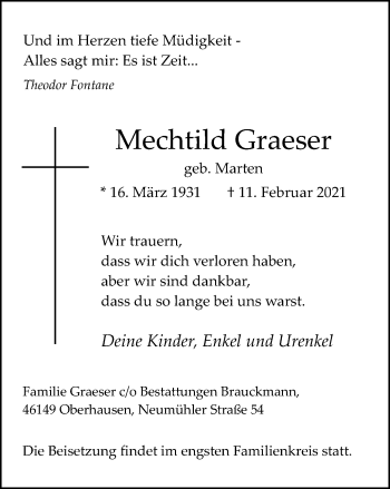 Traueranzeige von Mechtild Graeser von WVW Anzeigenblätter