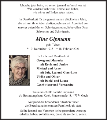 Traueranzeige von Mine Gipmann von WVW Anzeigenblätter