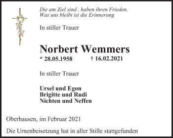 Traueranzeige von Norbert Wemmers von WVW Anzeigenblätter
