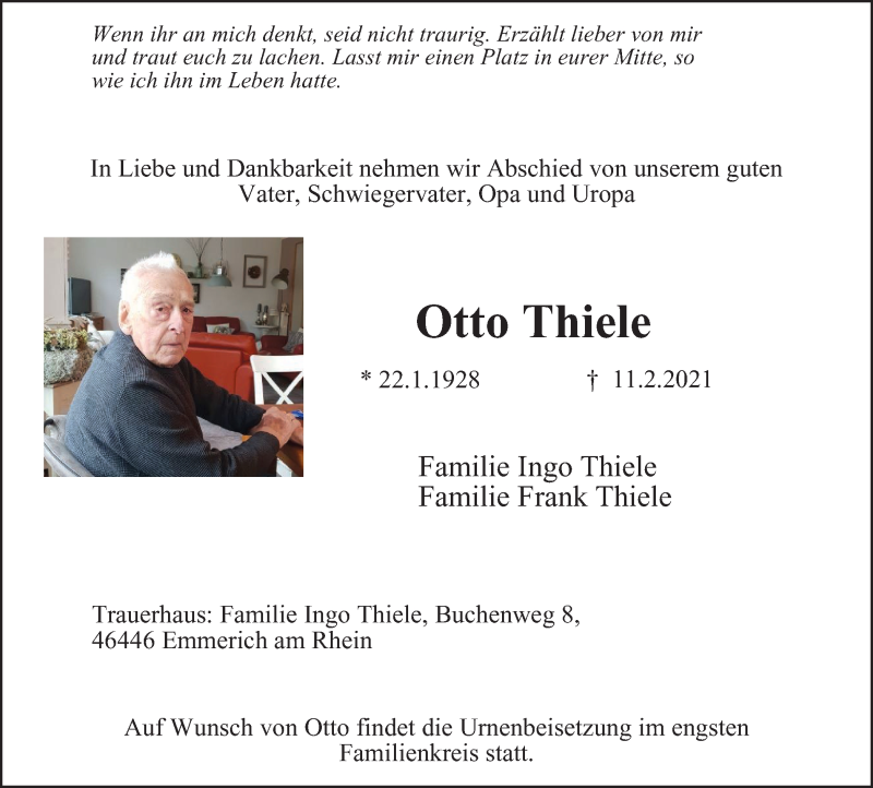  Traueranzeige für Otto Thiele vom 17.02.2021 aus WVW Anzeigenblätter