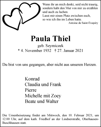 Traueranzeige von Paul Thiel von WVW Anzeigenblätter
