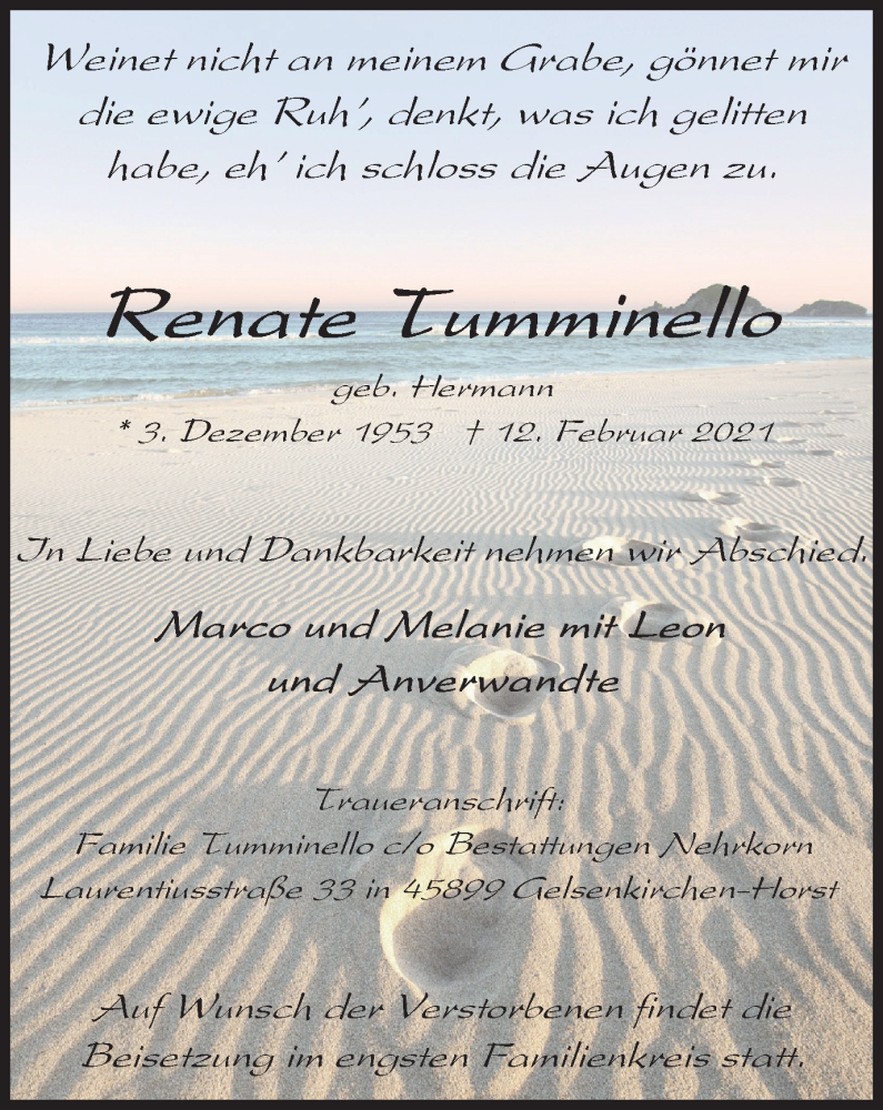  Traueranzeige für Renate Tumminello vom 20.02.2021 aus WVW Anzeigenblätter